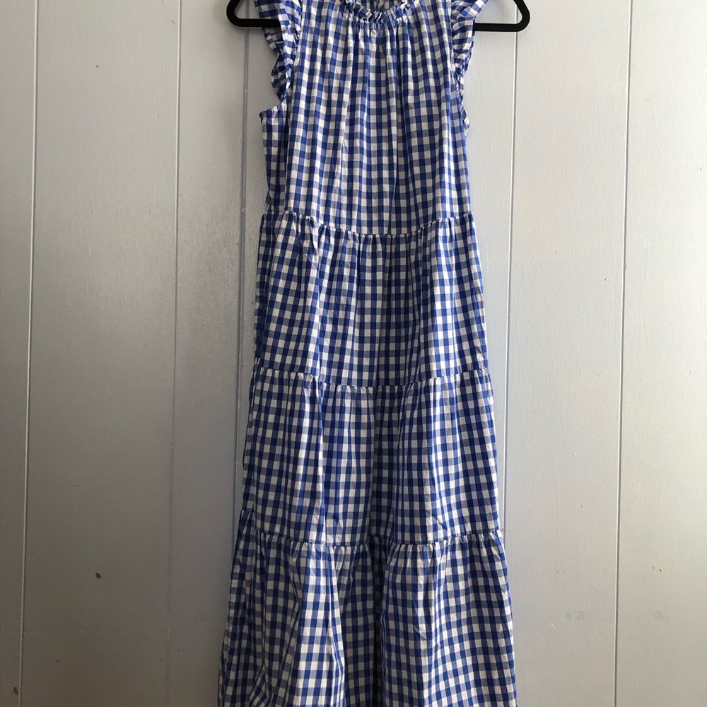 J. Crew Blue and White Checkered Gingham Sleeves Ruffled Dress XS